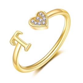 FUNEIA Heart Ring with Letters Women Gold Silver Rose Gold Adjustable Initial A-Z Zirconia Finger Ring Stacking Ring Waterproof Letter Ring Jewellery Girls Gift Box, Non-precious metal