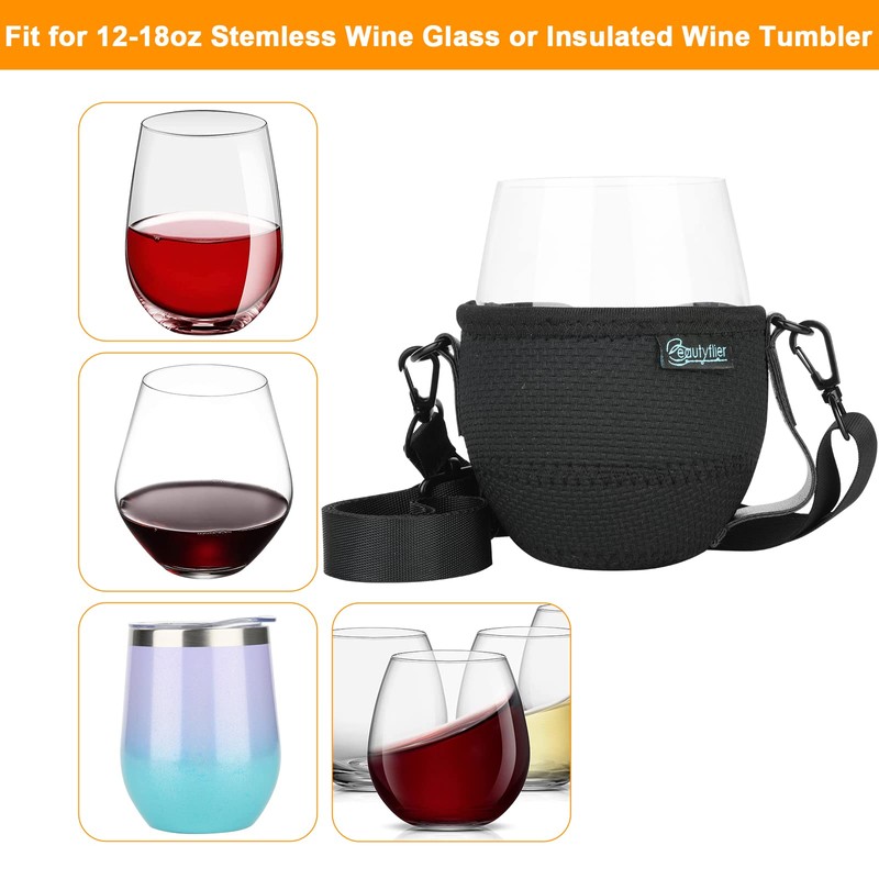 Beautyflier Stemless Wine Glass Insulator with Adjustable Neck Strap for