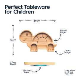 Moon and Moo Tortoise Bamboo Suction Plate and Spoon Set for Kids, Toddlers and Baby Weaning - Non-Toxic – Plastic Free - Stay Put - Baby Suction Plate - Baby Weaning Set (Blue)