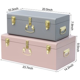Vixdonos Decorative Metal Box Storage Trunks Set of 2 College Dorm Chest with Lock Hole,23.7X14.2X9.5 Inches(Grey and Pink)