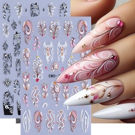 Spring Flower Nail Art Stickers Decals 5D Embossed Vine Flower Nail Stickers French Black Pink Flower Nail Art Decorations Supplies Flower Theme Nail Adhesive Sliders for Women Girls DIY Nail Salons