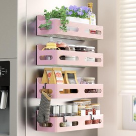 Sevenblue 4-Pack Magnetic Spice Rack for Refrigerator with Hooks, Pink | Strong multipurpose magnetic shelf for kitchen & bathroom organization. Includes