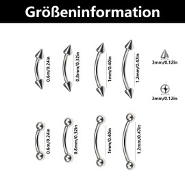SSHUIKKAI 8 Stück Augenbrauen Piercing, Augenbrauenpiercing, für Nasenring, Lippenringe, Augenbrauen(Silber 6mm/8mm/10mm/12mm)