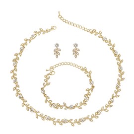 Clearine Wedding Jewellery Set for Women Bride, Gorgeous Stunning Crystal Flower Leaf Cluster Choker Necklace Link Bracelet Stud Earrings for Bridal Bridesmaid Clear Gold-Tone