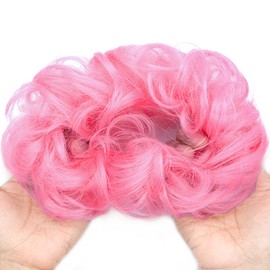 QTHQTFL Space Bun Hair Piece, Pink Messy Bun Hair Pieces for Women Girls Synthetic Wavy Curly Hair Bun Scrunchies Ponytail Extensions (Pink)