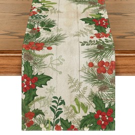 Artoid Mode Holly Fir Wood Pine Cone Leaves Christmas Table Runner, Seasonal Winter Holiday Kitchen Dining Table Decoration for Home Party Decor 13x72 Inch
