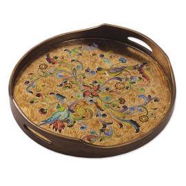 NOVICA Artisan Handmade Reversepainted Glass Tray Unique Serving Multicolor Gold Tone Peru Tableware Serveware Trays Bird [2.4in H x 15.75in Diam.] ' Heralds of Spring'