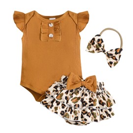 ABCRR Newborn Baby Girl Clothes Infant Summer Outfits Flying Sleeves Romper and Flora Skirt Set for 0-3-6-12-18 Months (Brown, 3-6 Months)