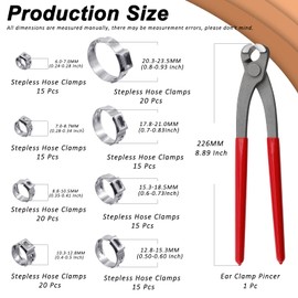 Wokape 135Pcs 6-28.6mm Single Ear Hose Clamps with Ear Clamp Pincer, 304 Stainless Steel PEX Pinch Clamps Cinch Rings Crimping Tool Stepless Hose Clamp for Securing Pipe Hoses and Automotive