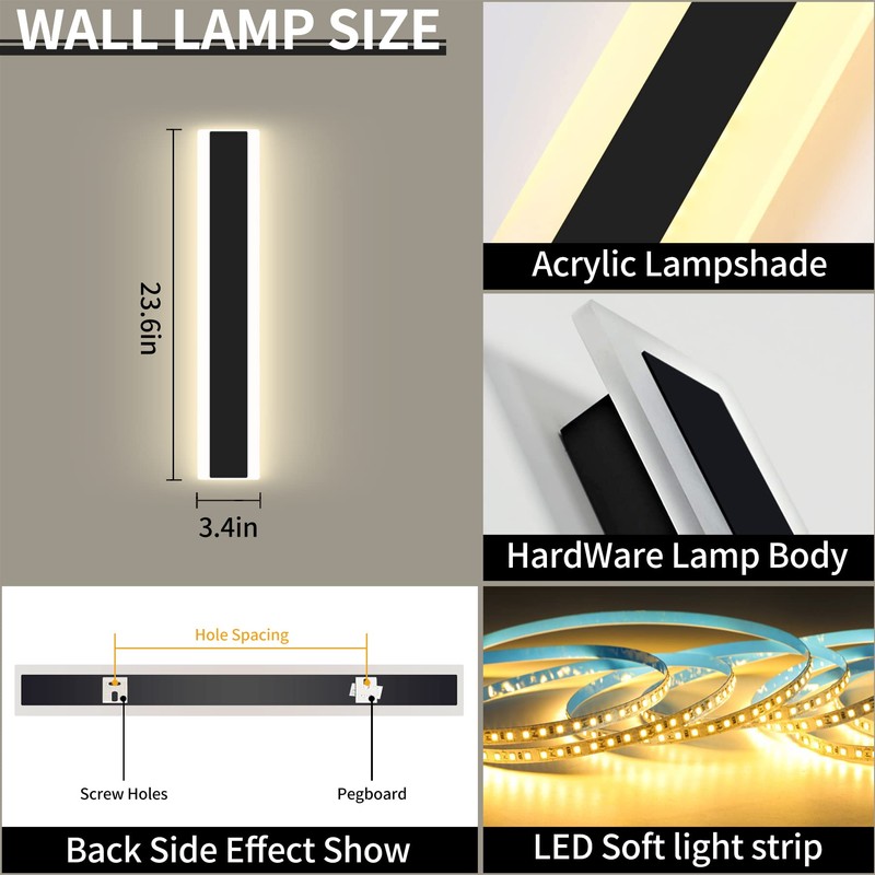 Mikeru Modern Wall Light, 3000k-6000k Dimmable Sconce 23.6inch Black Exterior