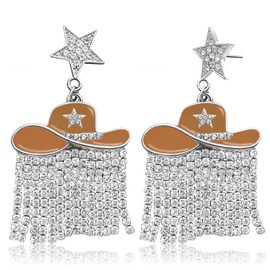 Western Enamel Cowboy Star Hat Earrings for Women, Sparkle Rhinestone Tassels Country Concert Rodeo Outfit Fringe Drop Dangle Earrings,Brown Hat