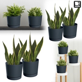 PECZEKO Matte Flower Pot, Plastic Planter, Decorative Pot for Large and Small Plants, Set of 2 Flower Pot, Herb Pot (2 Pack) Anthracite, Diameter 13 cm