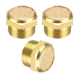 PATIKIL Brass Pneumatic Exhaust Muffler g 3/8, 3 Pack Sintered Bronze Air Compressor Muffler Fitting Flat Air Solenoid Valve Muffler for Automation Pneumatic Equipment, Golden