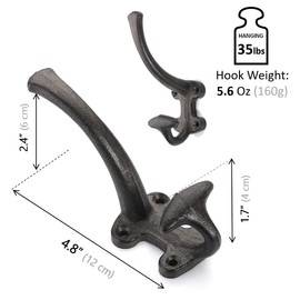 Ambipolar 5-Pack Decorative Cast Iron Heavy Duty Double Wall Hooks, Vintage Hooks in Antique Black Coat Hooks Wall Mounted for Mudroom, Hat Rack