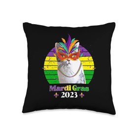 Funny Party Cat Mask Beads Mardi Gras 2023 Throw Pillow