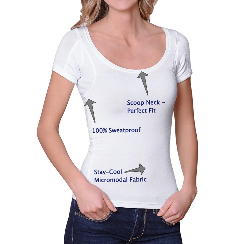 Sweatproof Undershirt for Women, Scoop Neck, White, Sweat Pads (Extra