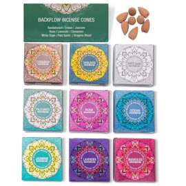 Set of 9 Backflow Incense Cones Gift Variety Pack - White Sage, Dragons Blood, Palo Santo, Jasmine, Lavender, Ocean, Sandalwood, Cinnamon, Rose for Waterfall Aromatic Smoke Fountain Haze Falls
