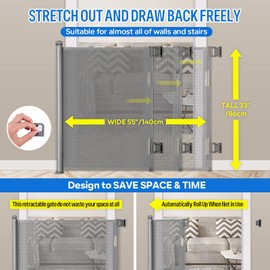 Retractable Baby Gate, Extra Wide Safety Kids or Pets Gate, 33” Tall, Extends to 55” Wide, Mesh Safety Dog Gate for Stairs, Indoor, Outdoor, Doorways, Hallways, Easy to Wipe(Grey)