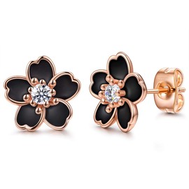 Shejuety exquisite cherry blossom colored women's flower earrings set with cubic zirconia S925 sterling silver needle earrings are hypoallergenic and suitable for holiday jewelry gifts (black)
