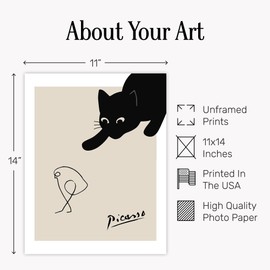 Minimalist Black Cat Wall Art - Picasso Line Drawing Print - Mid-Century Modern Abstract Home Decor - Famous Artist Bird Illustration - Contemporary Art Gift For Cat Lovers - 11x14 Unframed