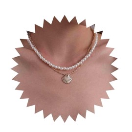 Erimberate Bohemian Layered Pearl Shell Choker Necklace Gold Clam Shell Pendant Necklace Scallop Pearl Chain Necklace Wedding Pearl Necklace Jewelry for Women Gifts