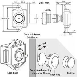 Pack of 2 Push Button Lock, Cabinet Lock Catch, Push Button Lock, Cabinet Push Button Lock, Push Button Catch, Furniture Lock for Door, Cabinet, Drawer, Motorhome, Yacht, Ship (Pearl Nickel)