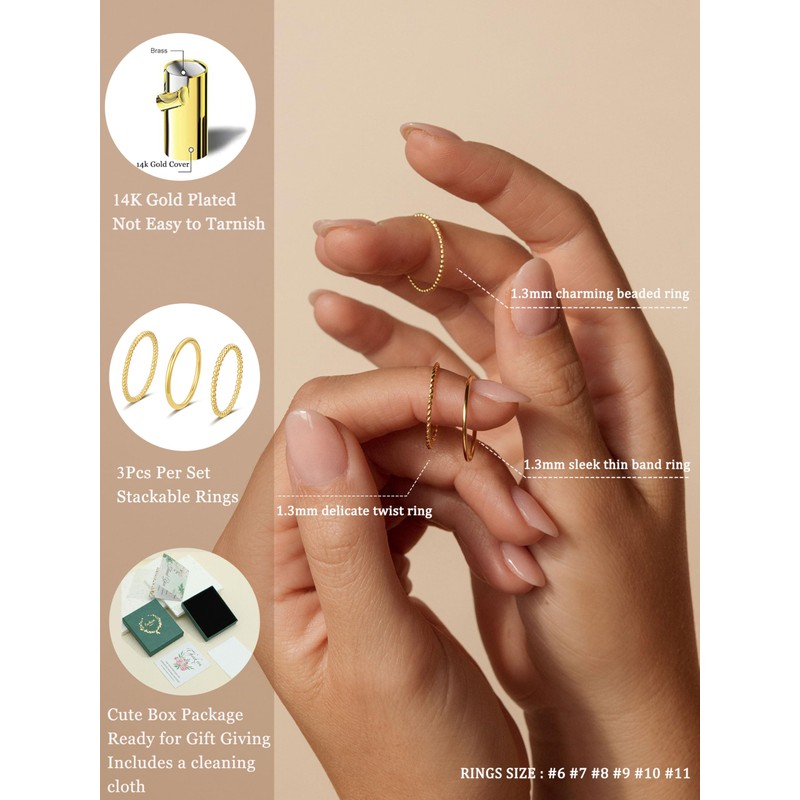 TOSGMY Gold Silver Rings for Women Non Tarnish Stackable 1.3mm