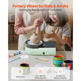 VEVOR Mini Pottery Wheel For Kids and Beginners, 6” Turntable, Two-way Rotation, Adjustable Speed, Complete Pottery Set with Clay Art Supplies Sculpting Tools, Craft Gifts for Kids Teens Adults, Green
