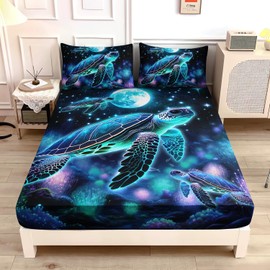 UEVBF Sea Turtle Fitted Sheet Kids Bedding Twin Size,Glowing Waterweed Moon Flash Fitted Sheet for Kids Boys Girls Room Decor,Coastal Reptile Animal Bedding Set,1 Fitted Sheet+2 Pillowcases.