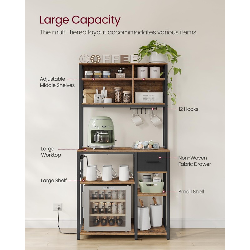 VASAGLE Bakers Rack with Charging Station, Coffee Bar with Adjustable