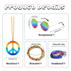 Maazusa Men's Hippie Costumes Colorful Tie-Dye T-Shirts 60s 70s Costume Accessories with Sunglasses Peace Necklace Headband 4PCS
