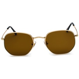 RUNHUIS Retro Polygon Sunglasses for Men and Women, Fashionable Square Glasses, Ultralight Metal Frame, Gold/Yellow Brown