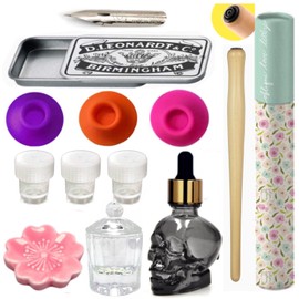 Complete Calligraphy Set with Dip Pen, Glass Inkwell, Ink Bottle Holder, Pen Rest, and Nib Storage Box for Calligraphy Enthusiasts