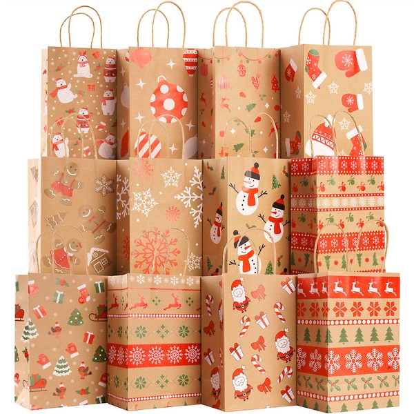 DERAYEE 24Pcs Christmas Kraft Gift Bags, Xmas Assorted Paper Goodie Bags Bulk with handle for Christmas Party Favor Supplies (5.9”*3.5”*9”)