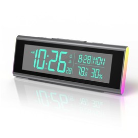 Digital Alarm Clocks for Bedrooms, LED Desk Clock with RGB Night Light, Brightness Dimmer, Date, Week, Temperature Large Display, Modern Decor for Desk, Office, Gift for Kids, Teen, Adults (Black)