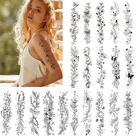 CharmeFleur 20 Blätter Schwarze Blumen Temporärtattoos für Frauen Mädchen Schmetterling Blüten Ranken Aufkleber Realistische Decals für Ärmel Arm Taille Hals Körperkunst Verzierungen
