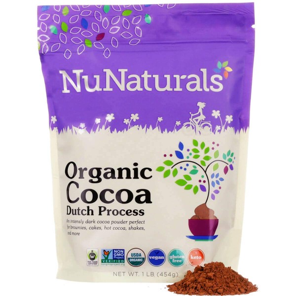 NuNaturals Premium Organic Cocoa Dutch Process Powder for Baking | Non-GMO | Fair Trade | 1 LB