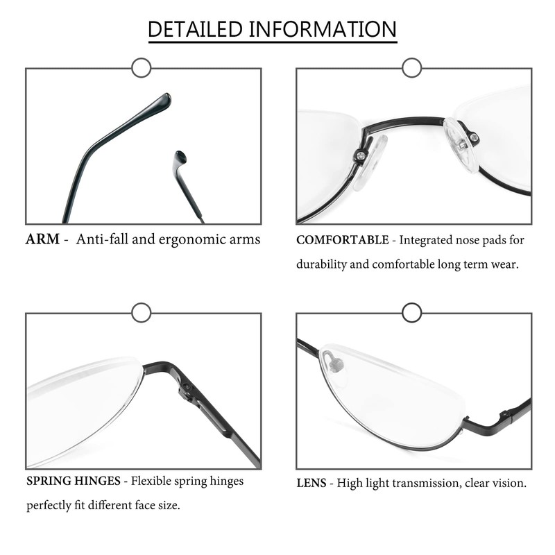 REAVEE 3 Pack Retro Designer Alloy Half Moon Reading Glasses
