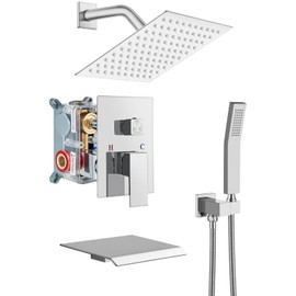 gotonovo Rain Shower Faucet System Set Rainfall Shower Head with Handheld Sprayer Waterfall Tub Spout Wall Mounted Mixer Combo Rough-in Valve and Trim Included 8 Inch Showerhead Polished Chrome