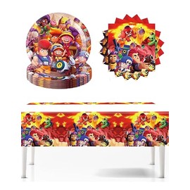 Cartoon Party Tableware Set, Brawl Children's Birthday Party Paper Plates Set, Children's Birthday Paper Plates Set for Parties, Christening Birthday Party (Blue/Red)