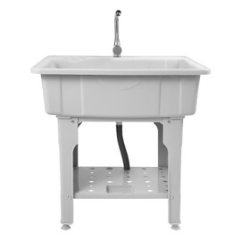 Laundry Sink, Wash Basin Utility Sink Single Bowl Sink Pet Bath, Plastic Laundry Sink with 360 ° Rotating Hot & Cold Faucet and Movable Washboard, Freestanding Cleaning Sink for Bathroom Laundry