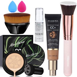 Air Cushion CC Cream Natural Foundation,PHOERA CC+ Cream Color Correcting Anti Aging Hydrating Serum &SPF 25+,PHOERA Primer, Kabuki Brush Foundation Makeup Sponge(140 Buff Beige + Buff Beige CC)