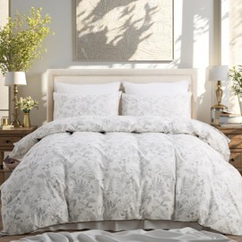 Cozaline 100% Cotton Floral Duvet Cover Set Queen Size Ultra Soft Breathable Grey Floral and Leaf Comforter Cover Set 3 Pcs All Season Cozy Floral Bed Cover with Zipper Closure