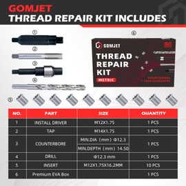 gomjet M10X1.0 Metric Thread Repair Kit, with M10X1.0X12.7MM Stainless Steel Insert Qty 10