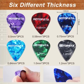 18 Pack Celluloid Guitar Picks with Organizer Storage Box & Holder Case, 6 Different Thin Medium Heavy Thickness & Variety Colorful Plectrums for Bass Electric Acoustic Ukulele