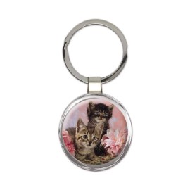 Cat : Gift Round Keychain Cute Animal Kitten Funny Friend Flowers Pet