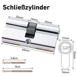 Hengsong Cylinder Lock 30/30, Lock Cylinder 30/30, Profile Cylinder for Front Door, Front Door, Security Lock Front Door, Garden Gate Lock, Front Door Lock, Approx. 6 cm x 1.68 cm x 3.28 cm, Silver