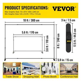 VEVOR 10 x 8 Ft Backdrop Banner Stand Adjustable Height and Width Newest Step and Repeat for Trade Show Wall Exhibitor Photo Booth Background Accessories Aluminum - Color: 10 x 8 Ft