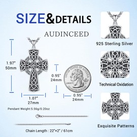 AUDINCEED Celtic Cross Necklace for Men Women 925 Sterling Silver Celtic Cross Pendant Irish Knot Crucifix Amulet Protection Jewelry Gifts