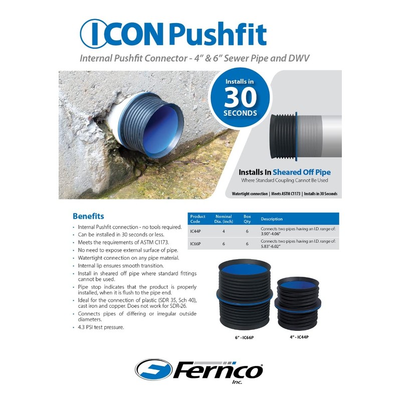 Fernco 6" ICON Pushfit DWV Internal Coupling Sheared Off Pipe